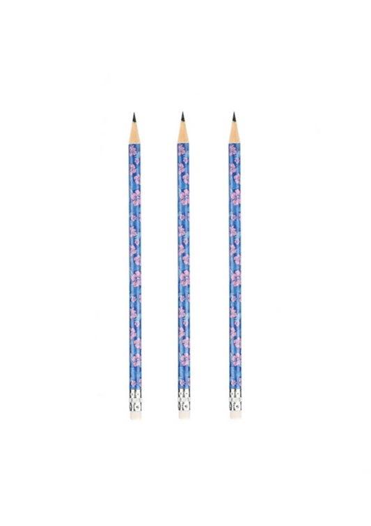 3 x blue and pink flower pencils